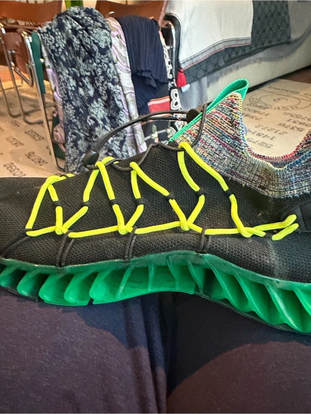Men’s Black Sneakers with Neon Yellow Laces and Green sole